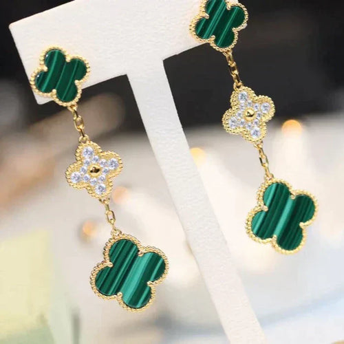Noble Clover Earrings Gold Malachite Diamond 3 Motifs