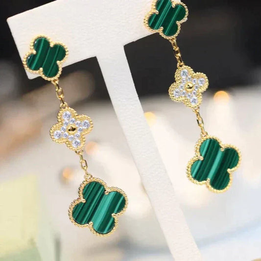 Noble Clover Earrings Gold Malachite Diamond 3 Motifs