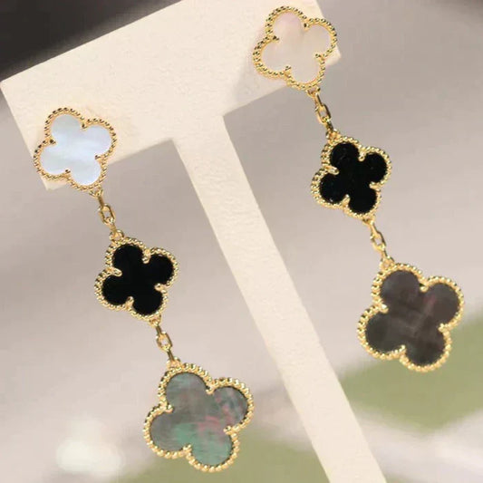 Noble Clover Earrings Gold Onyx Mop 3 Motifs