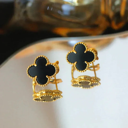 Noble Clover Medium Gold Onyx Stud Earrings