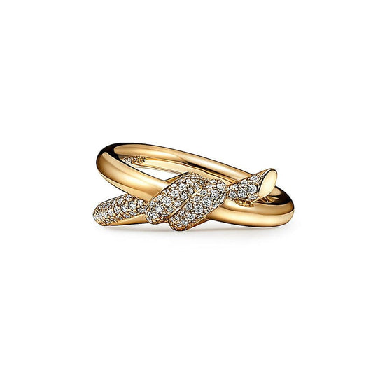 Noble Yellow Gold Knot Double Row Diamonds Ring